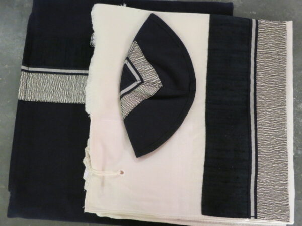 Man's Wool Tallit Set with Navy & Silver Design