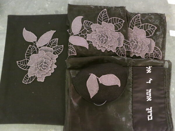 Women's Black Organza Tallit Set with Gray Lace Applique Flower Design