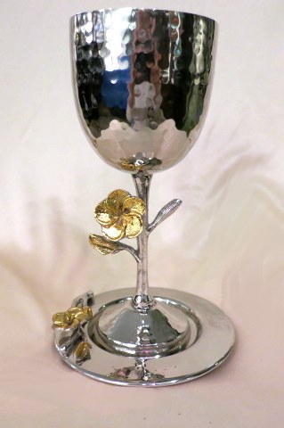 Stainless Kiddush Cup and Tray with Brass & Silver Frangipani Accents