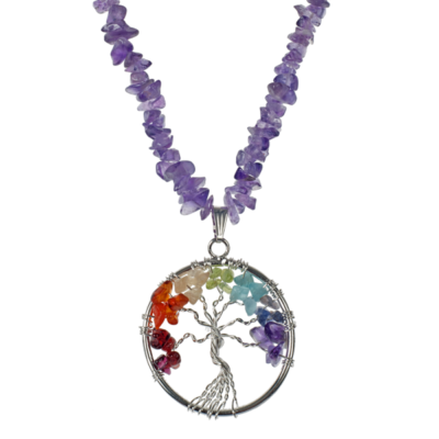 Wrapped Stone Tree Of Life On Amethyst Stone Chips Necklace