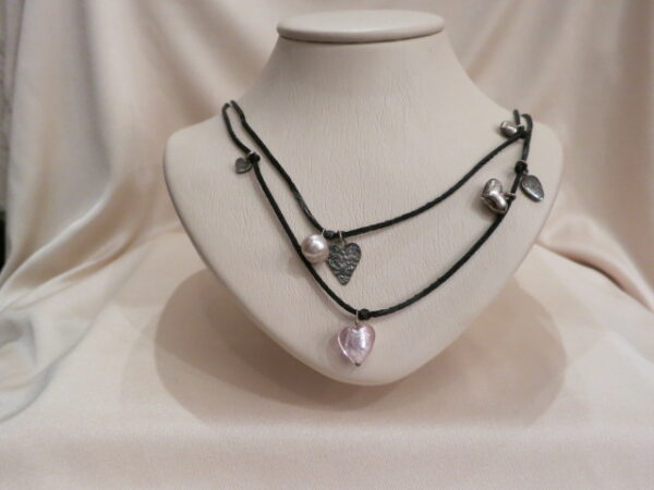 Necklace with Hearts & Charms on a Leather Cord