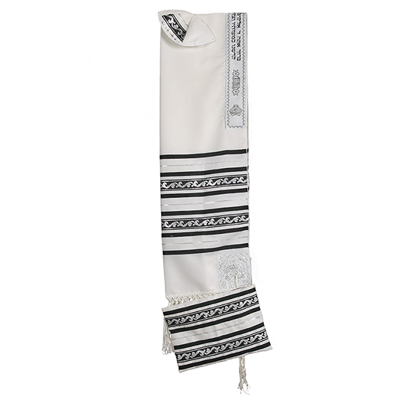Black & Silver Designed Wool Tallit, Kippah & Bag Set