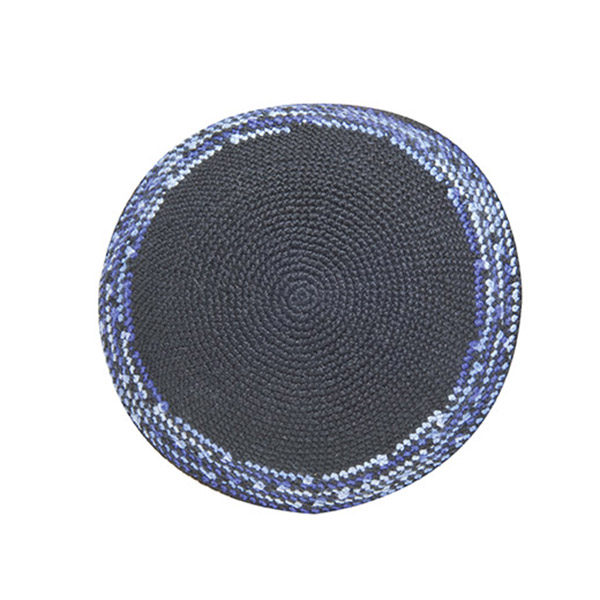 Black Knit Kippah with Multi Blue Edge Design
