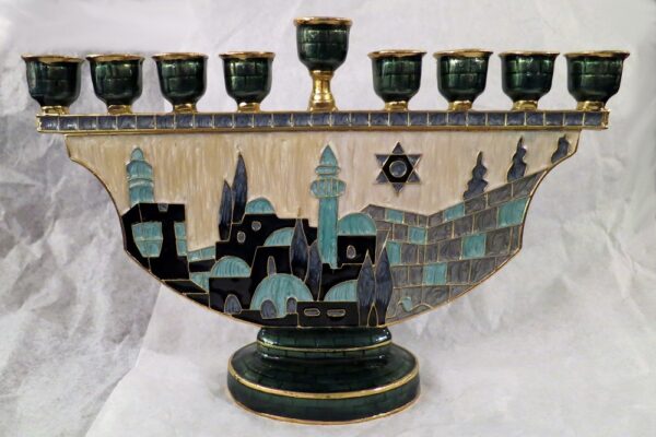 Enamel Menorah with Jerusalem Design