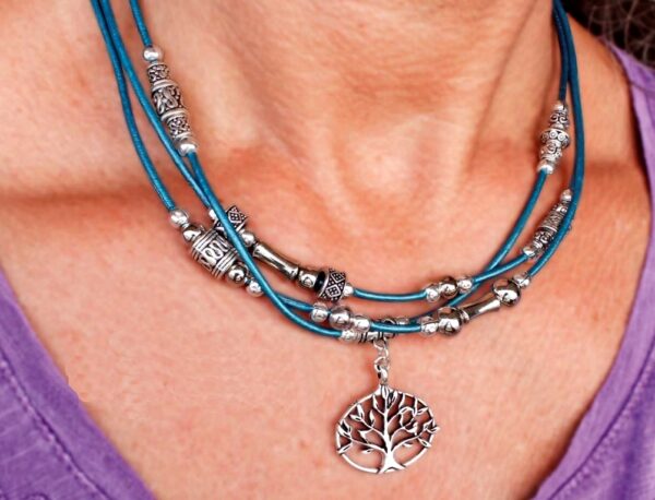 Boho Leather Necklace with Tree of Life Charm