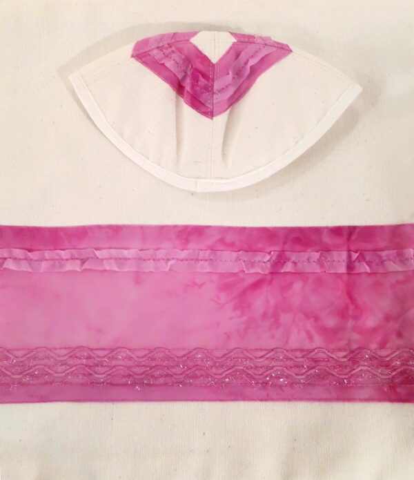 White Crepe Silk Tallit with Pink Lace - Image 3