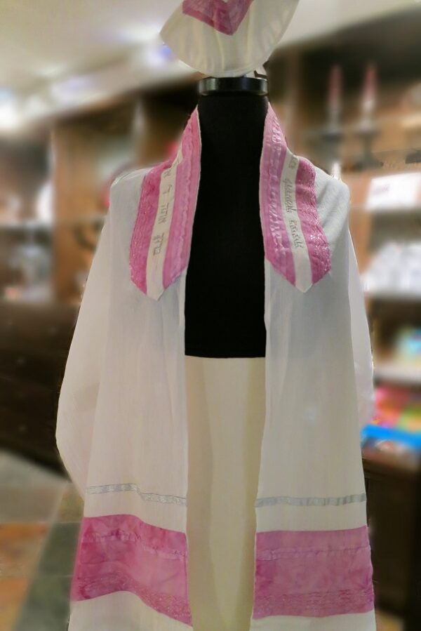 White Crepe Silk Tallit with Pink Lace