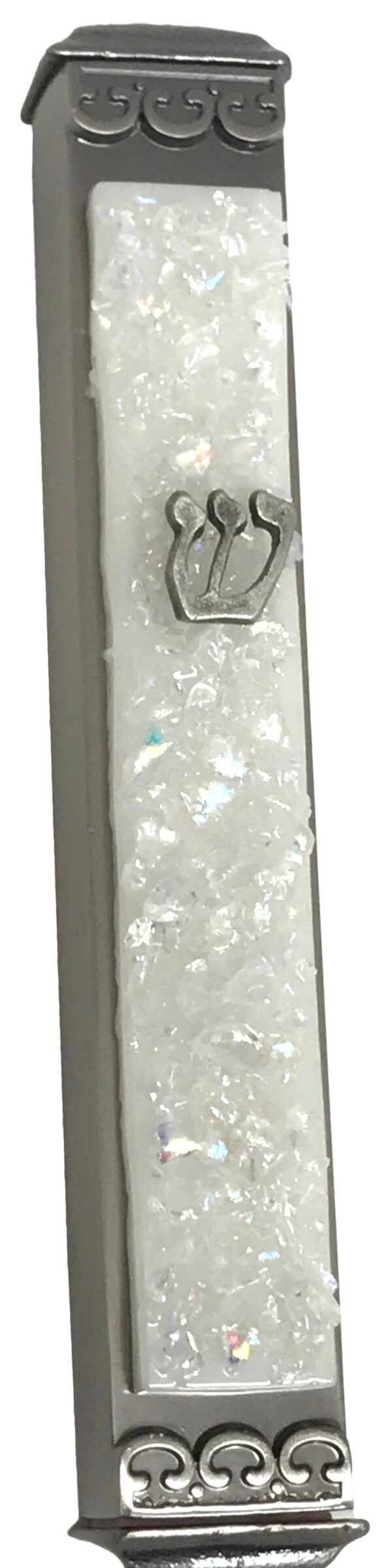 White Sparkling Art Glass on Metal Mezuzah